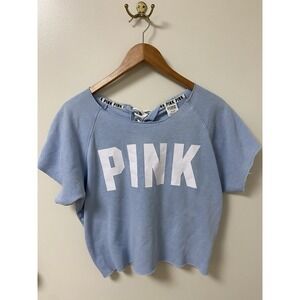 Victoria's Secret PINK Lace‎ Up Back Cropped LOGO Sweatshirt Light Blue Raw Edge